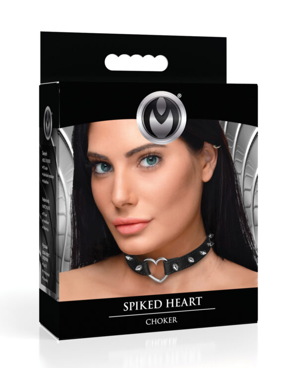 A product package featuring a woman wearing a spiked heart choker with branding elements and product information.