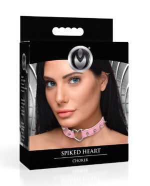 Product packaging for a 'Spiked Heart Choker' featuring a model wearing the pink choker with a heart and spikes design.