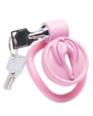 A pink U-shaped bike lock with an attached key, isolated on a white background