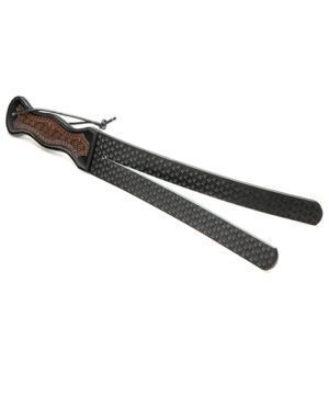 A stylish black leather belt with an embossed pattern, displayed against a white background.