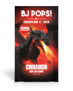 An illustration of a black dragon with red eyes breathing fire on a cinnamon oral sex candy package labeled "BJ POPS! by Creature Cocks" with a warming sensation claim.