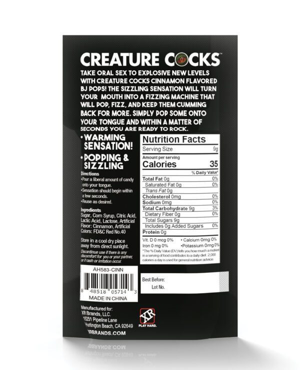 A close-up of an adult novelty product package with nutrition facts and branding information.