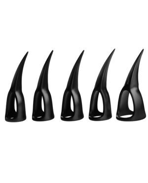 Five black abstract art sculptures aligned in a row, with a smooth, glossy finish and a curved, horn-like design on a white background.