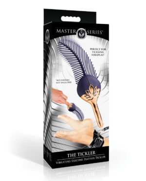 Packaging design for the Master Series "The Tickler," a vibrating silicone feather tickler, highlighting its use for playful foreplay.