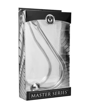 A metallic "Master Series" branding package containing a shiny, curved object with a spherical end, presented in grayscale.