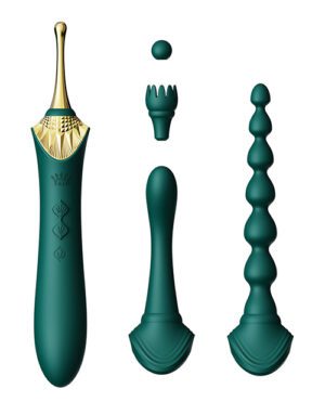 Three dark green, luxury mascara wands of different shapes and designs, displayed against a white background.