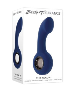 Product packaging and item image displaying a blue silicone personal massager named "The Reach" by Zero Tolerance, featuring 12 speeds and functions, rechargeable via USB, and packaged in a white box with blue and black text.