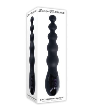 Adult toy featuring a silicone, rechargeable backdoor baton, with a spiraled design, displayed in packaging labeled "Zero Tolerance."