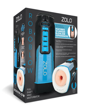 Zolo Roboblow Male Masturbator Package:::Packaging for the Zolo Roboblow, a full shaft male masturbator boasting 10 unique sensations and adjustable features for enhanced experiences.