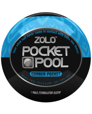 Packaging for Zolo Pocket Pool, featuring the text "Real-Feel Pleasure On-The-Go" and a graphic design emphasizing mobility and discreet use.