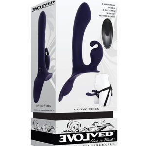 Evolved Giving Vibes Strap-On Bunny Eared Stimulator w/Remote Control - Purple