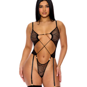 Pull My Strings Sheer Mesh Teddy w/Garters & Faux Pearl Details - Black SM