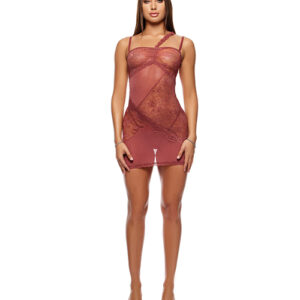 Patch of Petals Sheer Mesh and Lace Chemise w/Thong 2 pc Set - Mauve LG