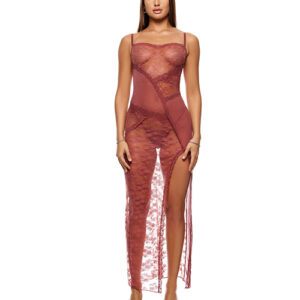 Patch of Petals Sheer Mesh and Lace Gown w/Thong 2 pc Set - Mauve LG
