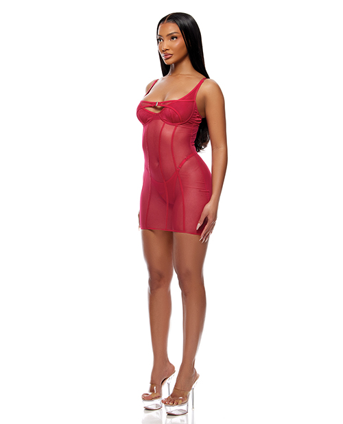 Layers To This Sheer Mesh and Knit Chemise w/Thong 2 pc Set - Pink MD - Image 2
