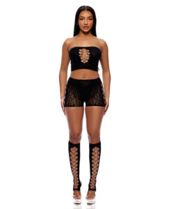 Cross Your Mind Tube Top w/Boy Short & Open Toe Socks Bodystocking - Black QN