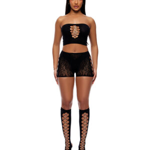 Cross Your Mind Tube Top w/Boy Short & Open Toe Socks Bodystocking - Black O/S