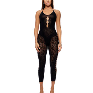 Cross Your Mind Capri Floral Knit Bodystocking w/Rhinestone Details - Black O/S
