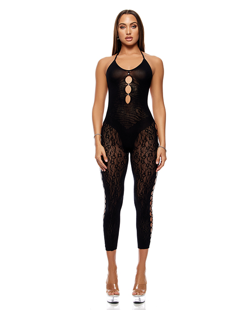 Cross Your Mind Capri Floral Knit Bodystocking w/Rhinestone Details - Black O/S