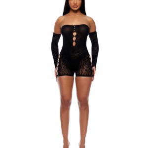 Cross Your Mind Romper Bodystocking w/Rhinestone Details & Gloves 2 pc Set - Black O/S