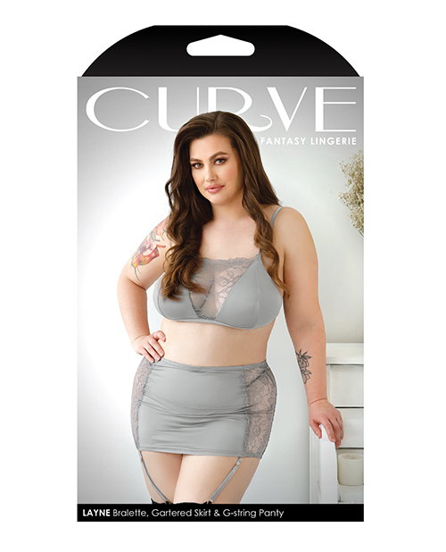 Curve Layne Lace & Microfiber Bralette w/Garter Skirt & G-String Gray 3X/4X - Image 4