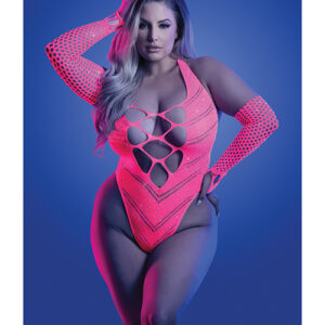 Glow Flashback Black Light Reactive Rhinestone Teddy w/Gloves (or Leg Warmers) - Neon Pink QN