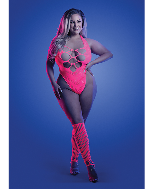 Glow Flashback Black Light Reactive Rhinestone Teddy w/Gloves (or Leg Warmers) - Neon Pink QN - Image 2