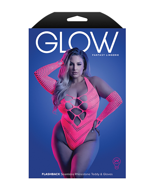 Glow Flashback Black Light Reactive Rhinestone Teddy w/Gloves (or Leg Warmers) - Neon Pink QN - Image 4