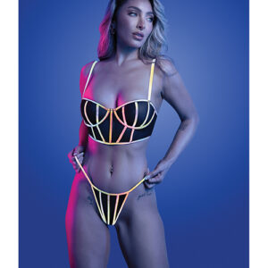 Solar Flare Flash Reflective Binding Underwire Bra & Thong - Black L/XL