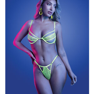 Mind Control UV Reactive Lace and Mesh Underwire Bra & Thong - Neon Green L/XL