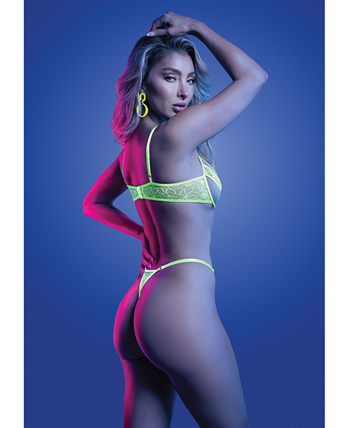 Mind Control UV Reactive Lace and Mesh Underwire Bra & Thong - Neon Green L/XL - Image 2