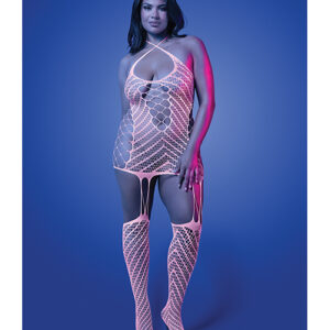 Metamorphic Glow-in-the-Dark Bodystocking Dress; Glows Pink - White QN