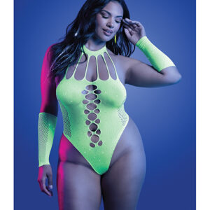 Pressure Point UV Reactive Rhinestone Studded Teddy & Gloves/Leg Warmers 2 pc Set - Neon Green QN