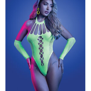 Pressure Point UV Reactive Rhinestone Studded Teddy & Gloves/Leg Warmers 2 pc Set - Neon Green O/S