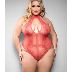 Temptress Calliope Striped Sheer Floral Lace Zippered Teddy - Coral 1X/2X