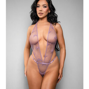 Temptress Gisele Sheer Floral Mesh Open Back Teddy - Lavender M/L