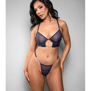 Temptress Celeste Sheer Striped Rhinestone Mesh Bra w/G-String 2 pc Set - Navy L/XL