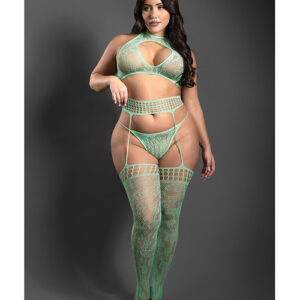 Sheer Heart Of Glass Lace Knit Halter Top w/G-String & Gartered Stockings 3 pc Set - Mint QN