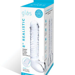 Glas 8" Realistic Ribbed Glass G-Spot Dildo w/Balls - Clear