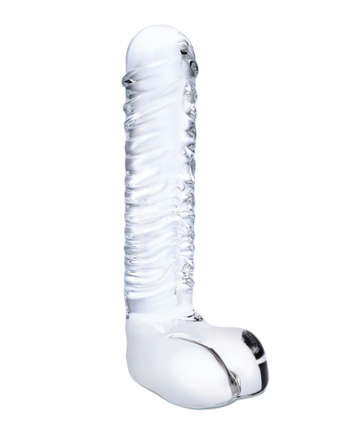 Glas 8" Realistic Ribbed Glass G-Spot Dildo w/Balls - Clear - Image 3