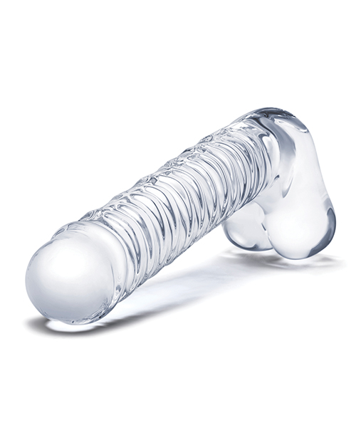 Glas 8" Realistic Ribbed Glass G-Spot Dildo w/Balls - Clear - Image 4