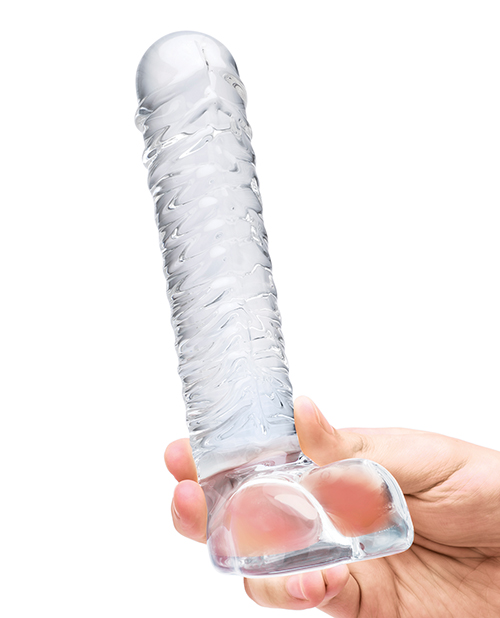 Glas 8" Realistic Ribbed Glass G-Spot Dildo w/Balls - Clear - Image 5