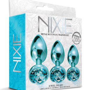 Nixie Metal Butt Plug Trainer Set w/Inlaid Jewel - Blue Metallic