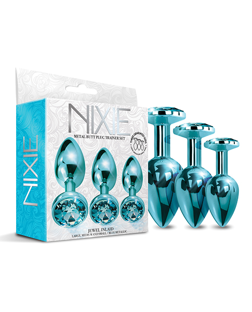 Nixie Metal Butt Plug Trainer Set w/Inlaid Jewel - Blue Metallic - Image 3