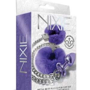 Nixie Metal Butt Plug w/Inlaid Jewel & Fur Cuff Set - Purple Metallic
