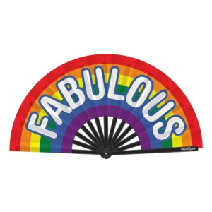 A fan with a rainbow color design and the word "FABULOUS" written across it in large, white letters.