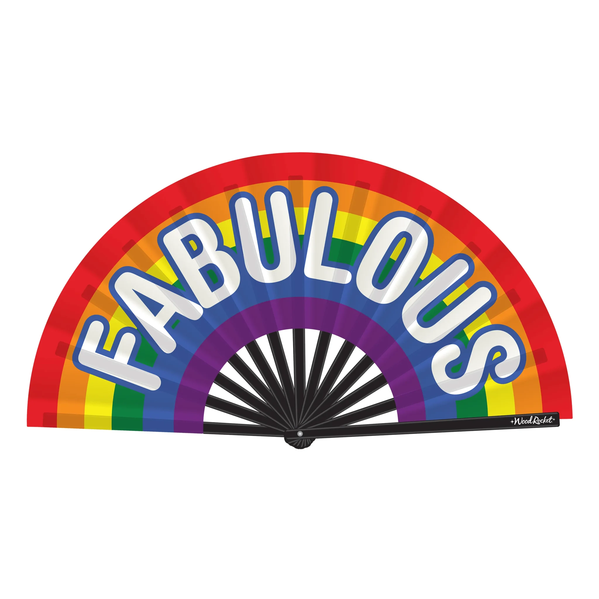 A fan with a rainbow color design and the word "FABULOUS" written across it in large, white letters.