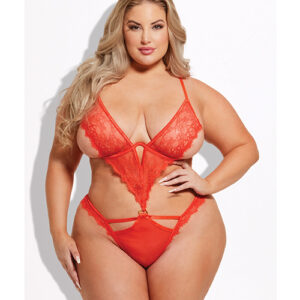 Nadia Lace & Mesh Cutout Teddy - Grenadine Dark Orange 1X/2X