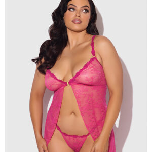 Yvone Lace Babydoll w/Front Closure & G-String 2 pc Set - Pink 1X/2X