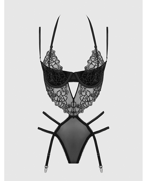 Eden Embroidered Lace & Mesh Teddy w/Garters - Black LG - Image 3